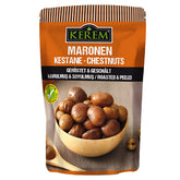 A 125g package of Kerem Chestnuts Peeled is shown, displaying a bowl of chestnuts on the front and product details in several languages.